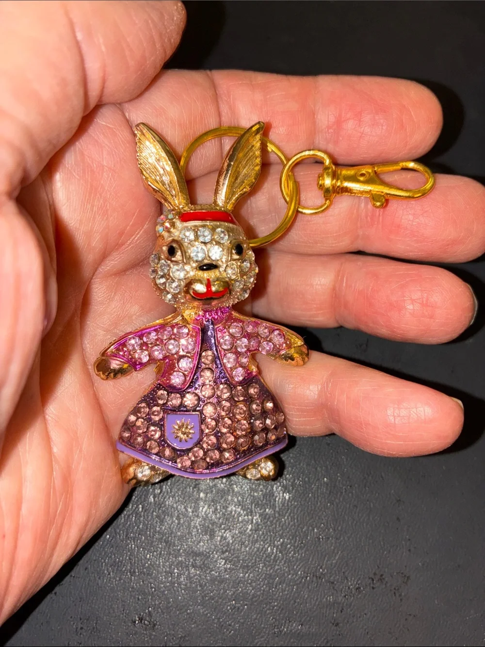 Gold-Tone Pink Crystal Bunny Charm Keychain
